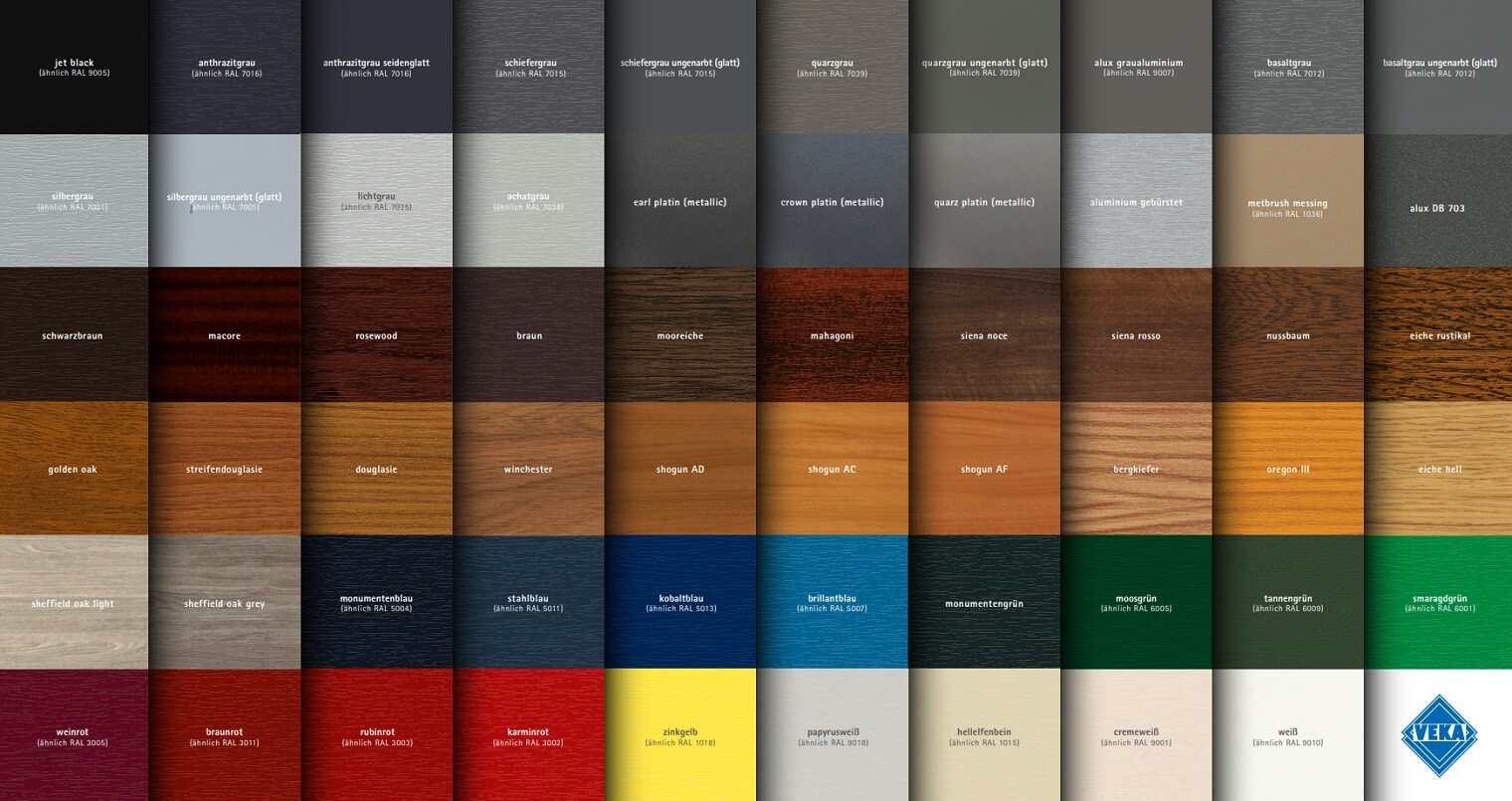 UPVC Window Frame Color Palette - Over 50 colors including anthracite grey, golden oak, rosewood, mahogany, steel blue, moss green, cream white, and wood-grain laminates